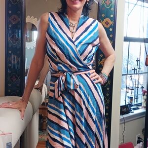 Elegant Striped Midi Dress in Blue and Pink
